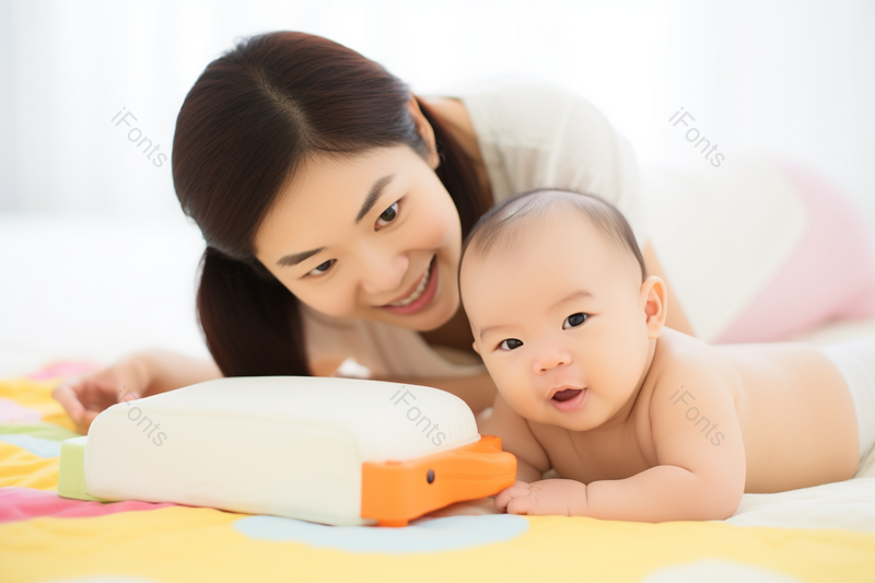 亲密母婴床上妈妈陪伴宝宝,高清,摄影图,摄影图片,图片大全,摄影图免费下载